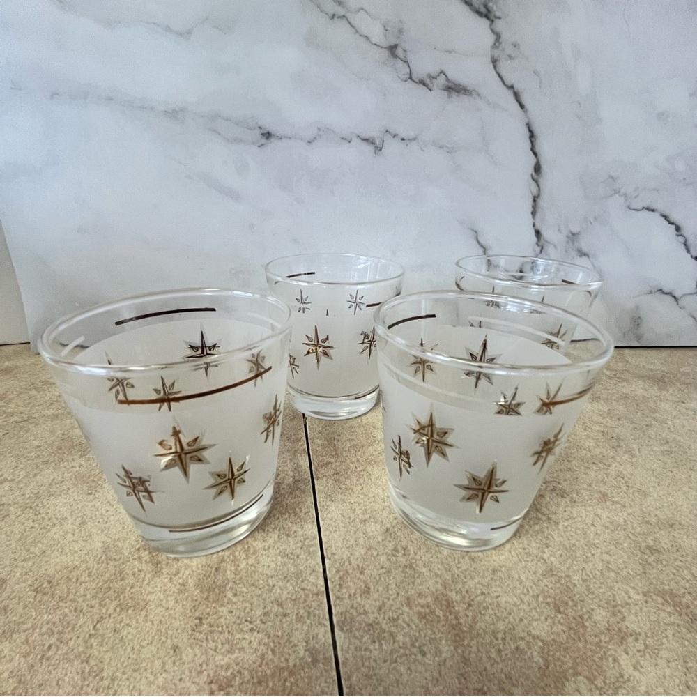 Vintage MCM Dominion Atomic Starburst Frosted Tumbler Glasses Set of 4